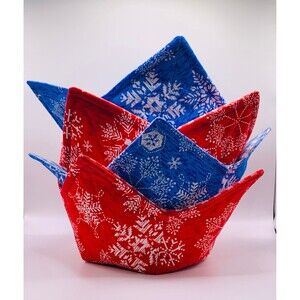 Set of 4 Microwave Soup Bowl Cozie, Reversible, Red and Blue Winter Snowflakes